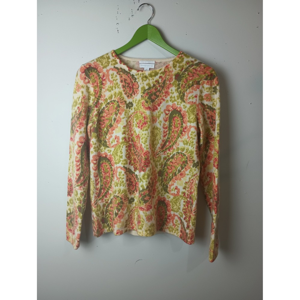 Charter Club Womens 100% Cashmere Paisley Sweater Crew Neck Pink Green Medium